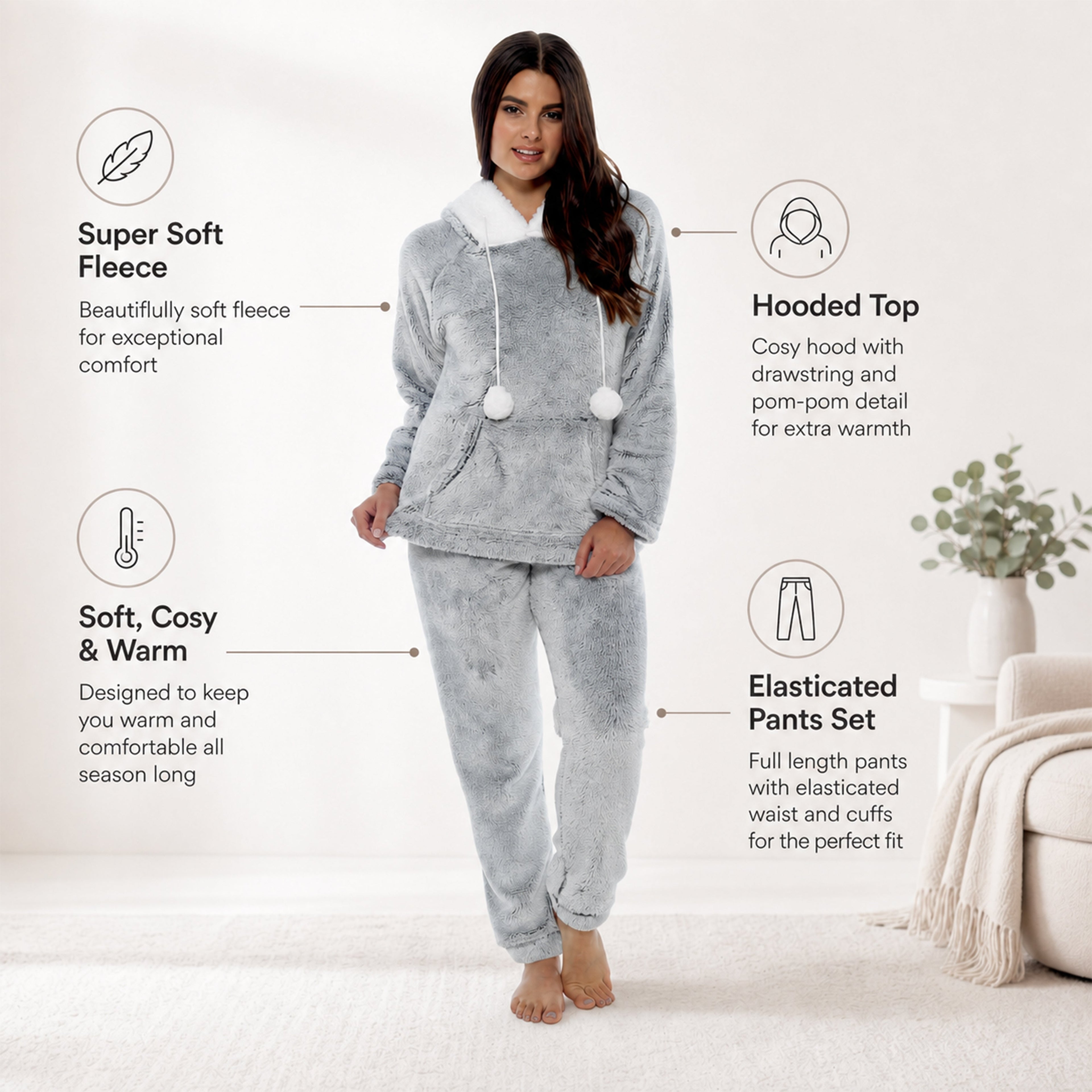 Daisy Dreamer Women's Plush Fleece Hooded Pyjama Set in Shimmer Grey Cosy Winter
