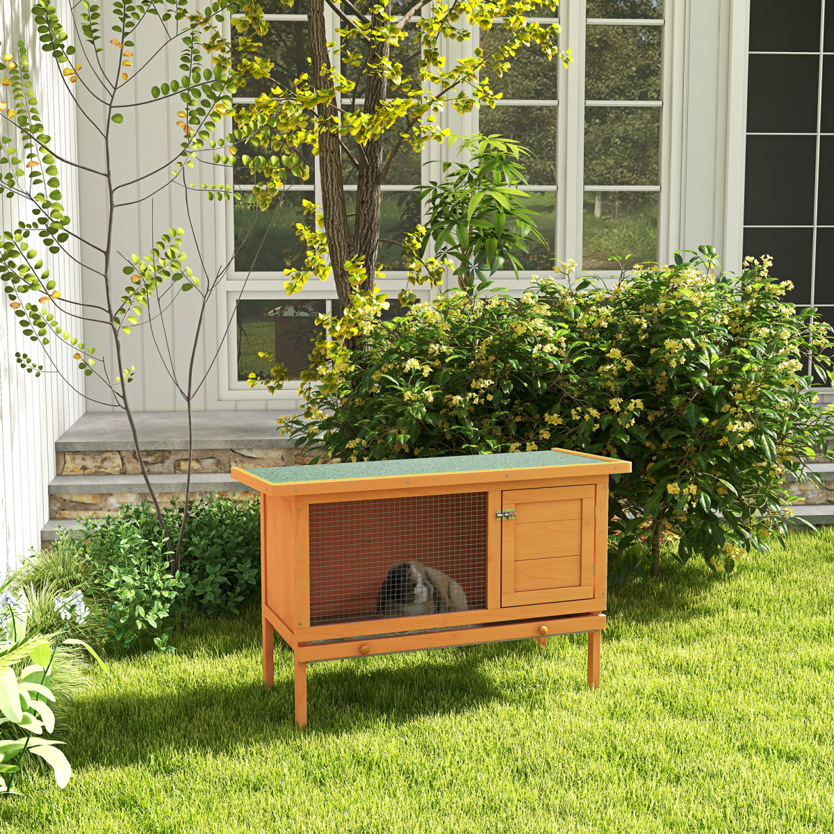Rabbit Hutch Bunny Cage Guinea Pig Elevated House Wood Outdoor Garden Pawhut