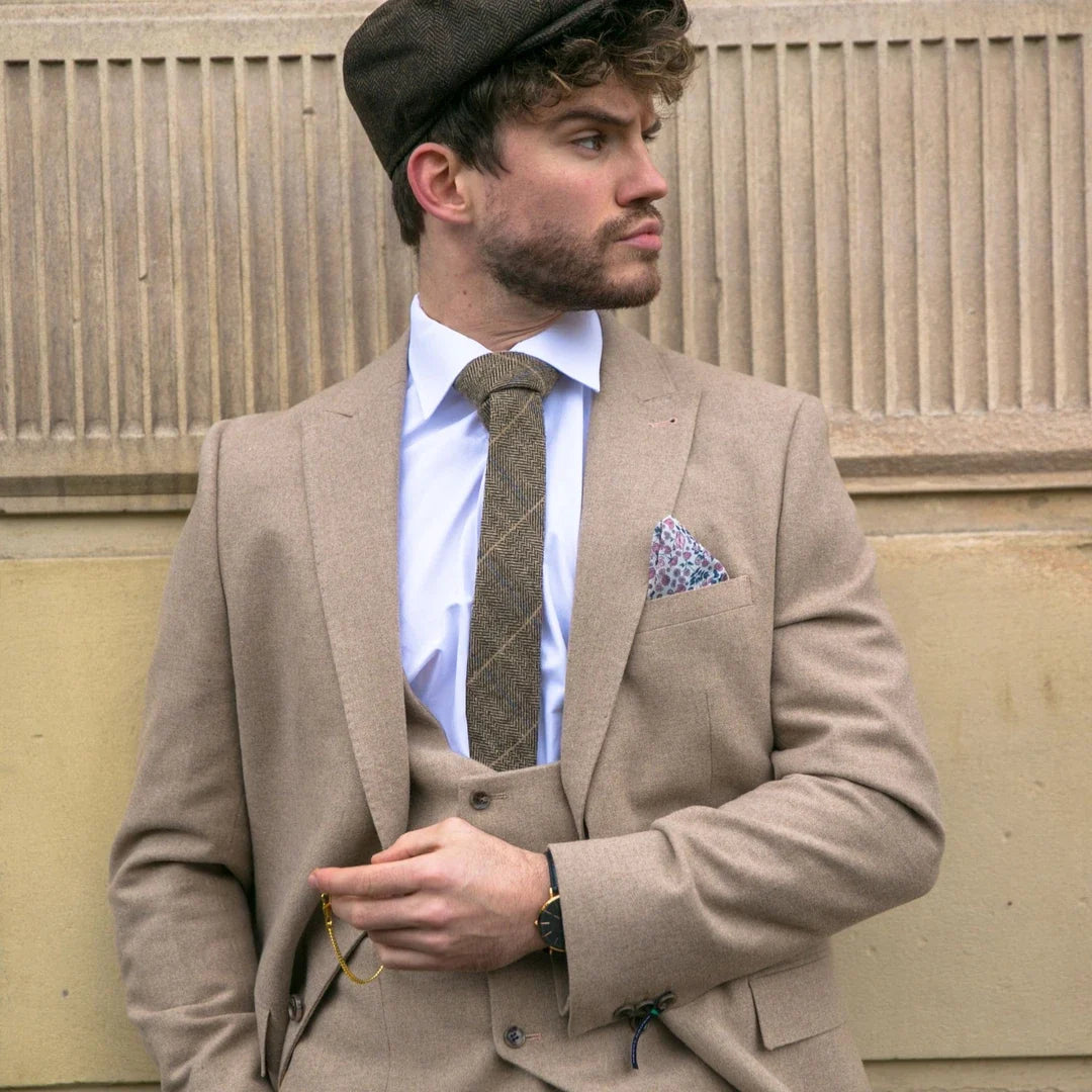 AK-23 - Men Tweed 3 Piece Suit Tan Oak Double Breasted Wedding