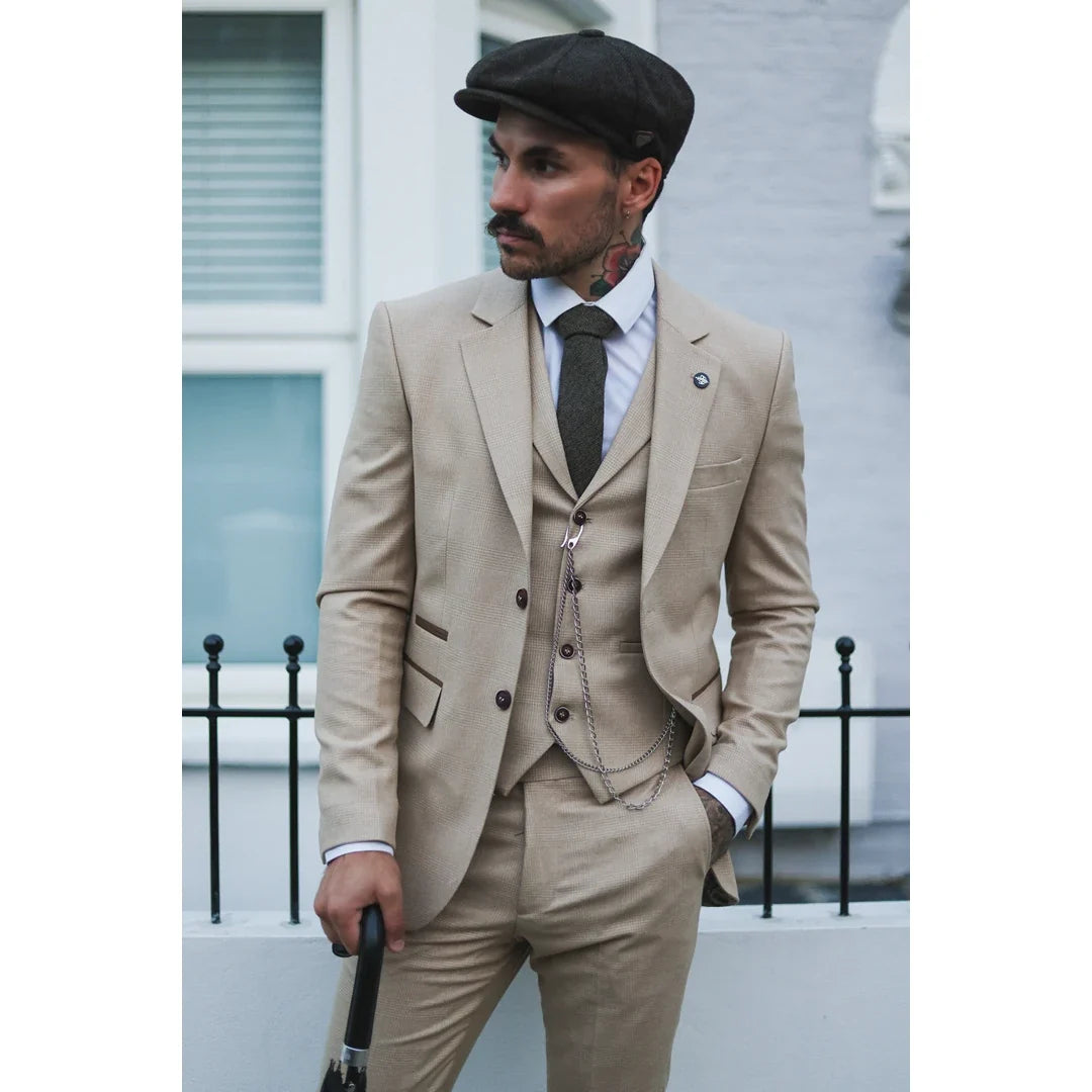 AK-08 - Men's 3 Piece Cream Prince Of Wales Check Suit