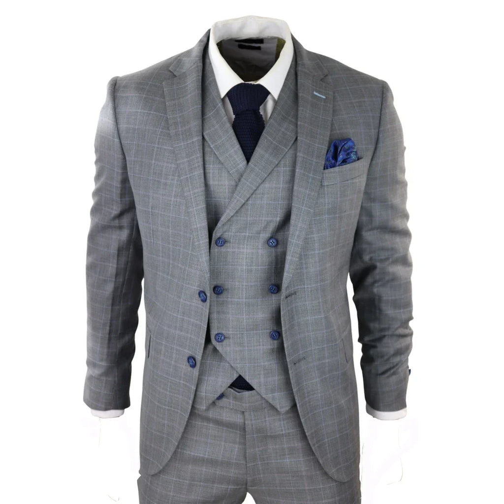 Men's Light Grey 3 Piece Suit Blue Check Double Breast Waistcoat Office Wedding Prom