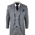 Men's Light Grey 3 Piece Suit Blue Check Double Breast Waistcoat Office Wedding Prom
