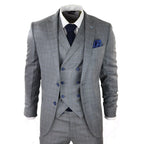 Men's Light Grey 3 Piece Suit Blue Check Double Breast Waistcoat Office Wedding Prom