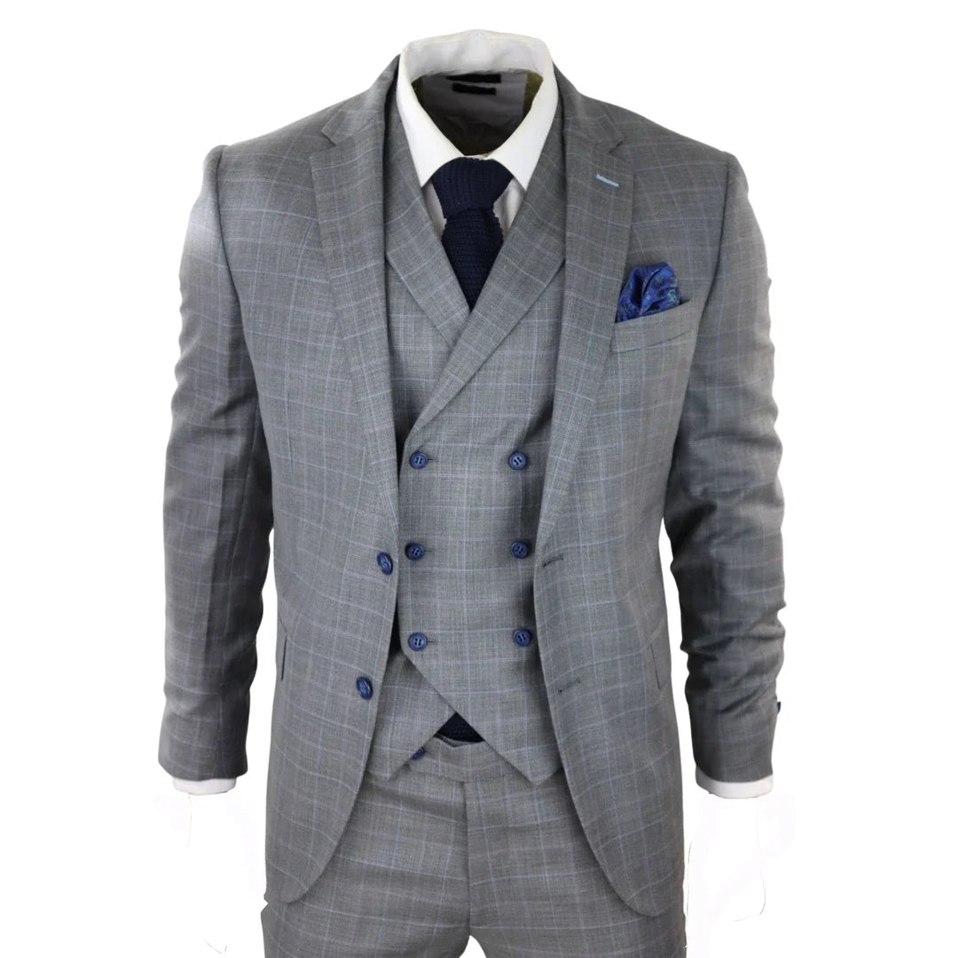 Men's Light Grey 3 Piece Suit Blue Check Double Breast Waistcoat Office Wedding Prom