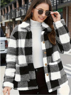 Color-blocked Plaid Jacket Fashion Lapel Pockets Single-breasted Coat Spring Fall Clothing For Women