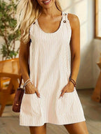 Summer Fashion Striped Patchwork Commuting U-Neck Sleeveless Pockets Back Button Casual Straight Slimming Mini Dress For Women