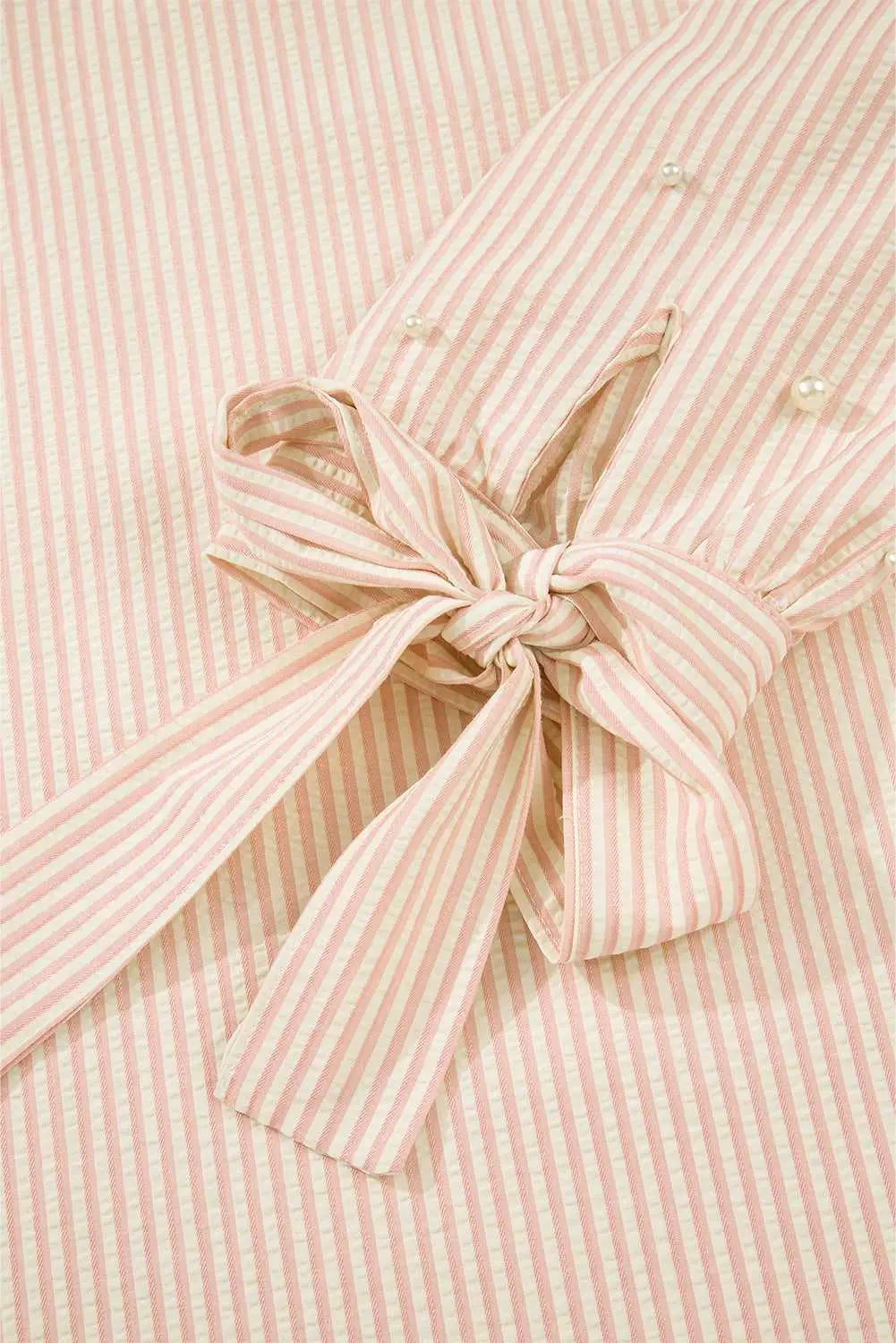 Striped Bow Cuff Pearl Embellished Blouse Women UK