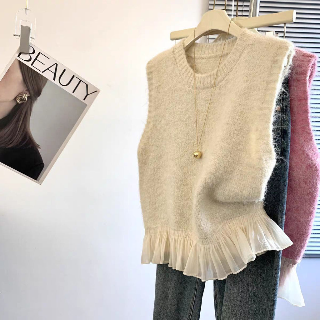 Women's Sweet And Soft Solid-Color Knitted With Ruffled Hemline Sweater Vest Waistcoat Top