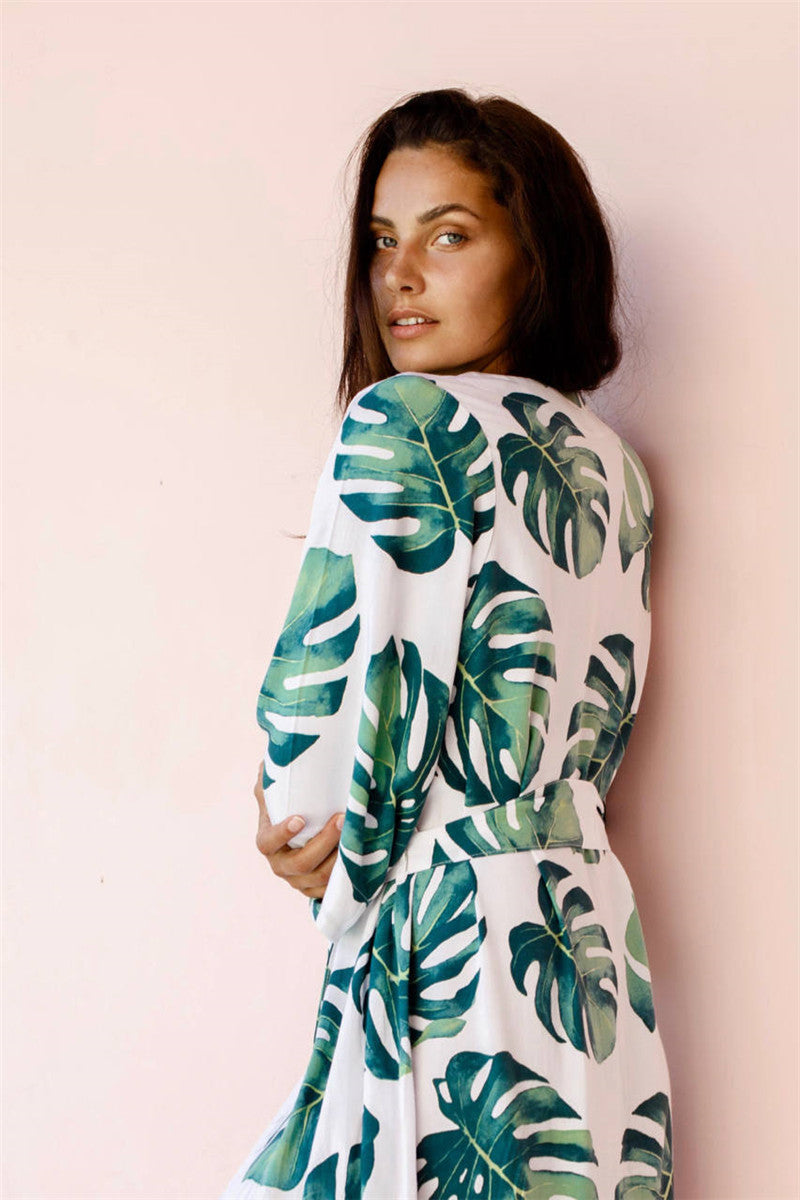 European And American-style Printed Beach Cover-up Sexy Plus-size Vacation Sun-protective Top And Long Skirt