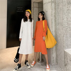 Loose-fitting Figure-flattering Long-sleeved Straight-cut Solid-color Dress