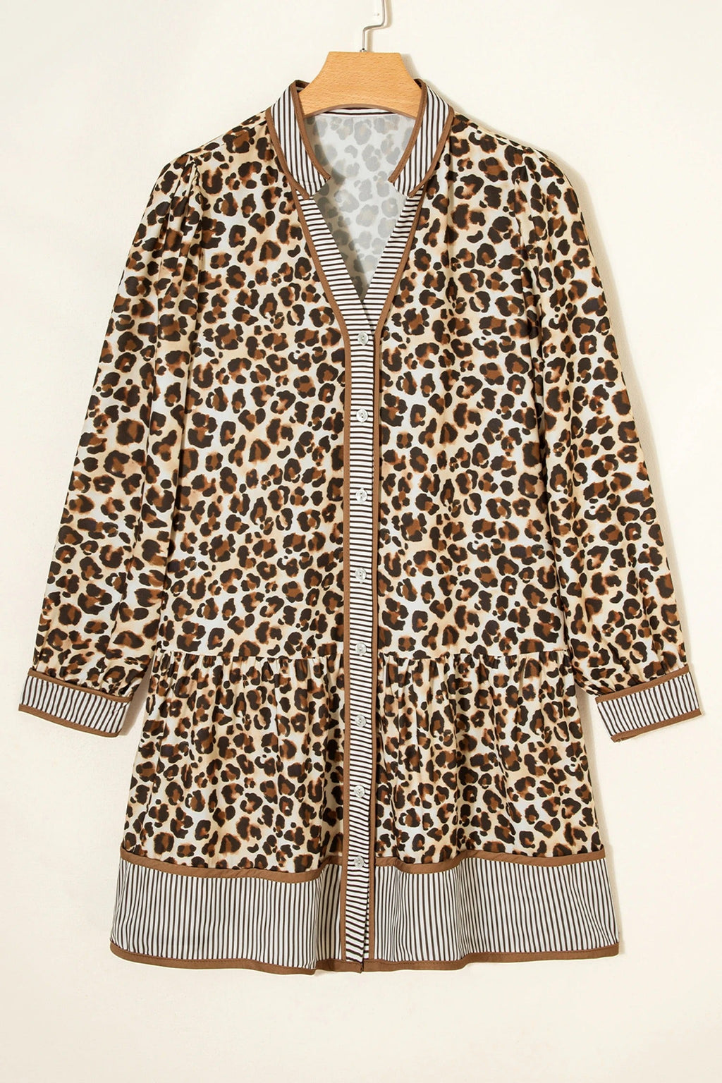Women's Casual Loose V-neck Leopard-print Long-sleeve Dress