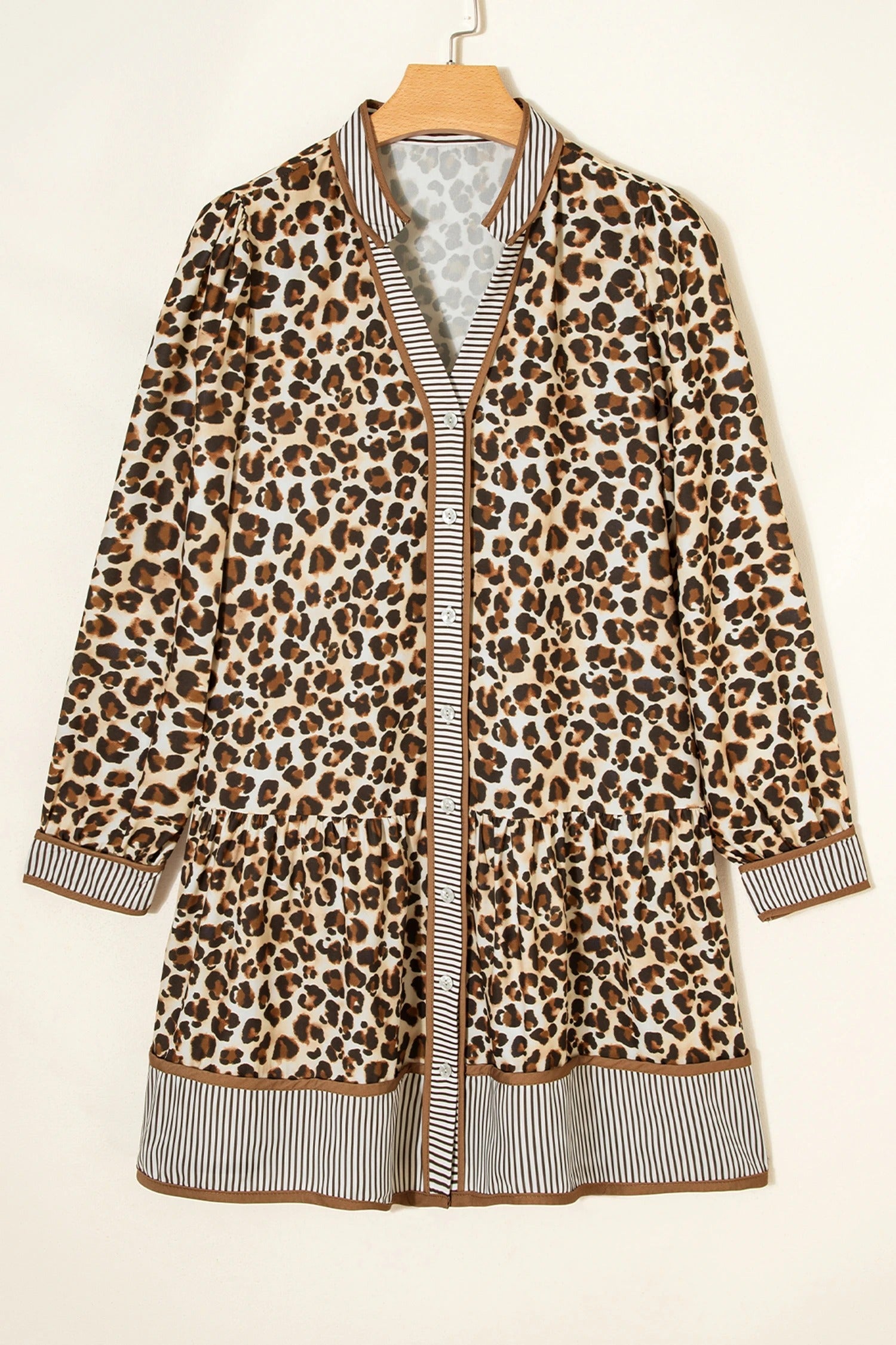 Women's Casual Loose V-neck Leopard-print Long-sleeve Dress