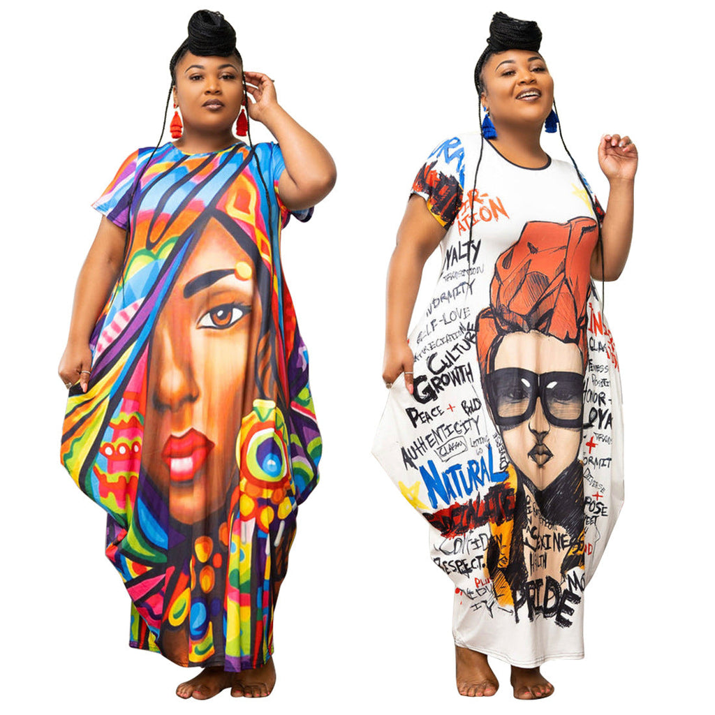 Women's Printed Plus-Size Loose-Fit Maxi Dress With Pockets
