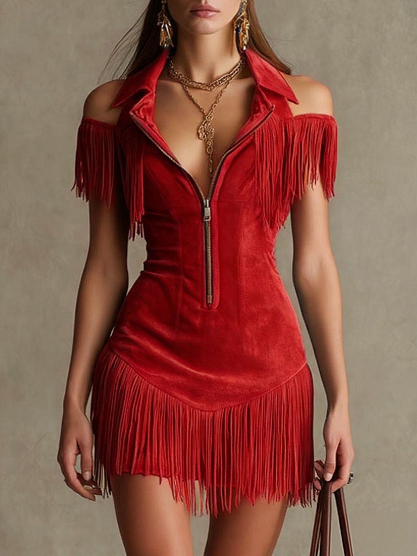 Retro Suede Tassel Off-Shoulder Dress