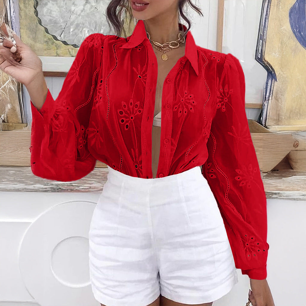 Casual Resort Fashion Hollow-out Long-sleeve Cardigan Blouse