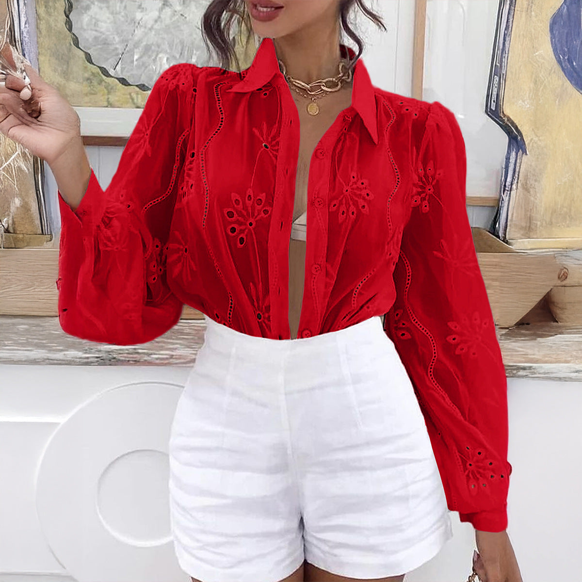 Casual Resort Fashion Hollow-out Long-sleeve Cardigan Blouse