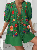 Women's Floral-print Cardigan With Tie-front Short-sleeve Top And Shorts Set