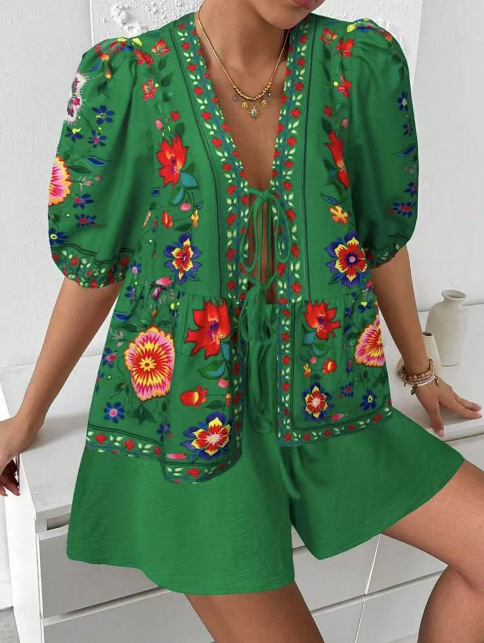 Women's Floral-print Cardigan With Tie-front Short-sleeve Top And Shorts Set