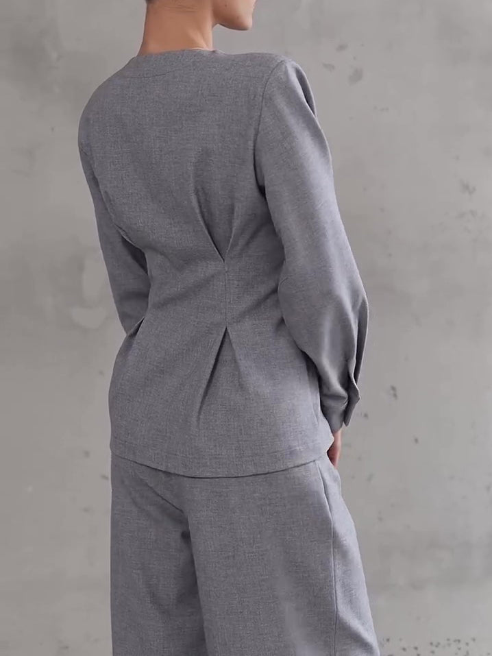 Light Gray V-Neck Asymmetrical Button Top & Wide-Leg Pants Set
