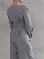 Light Gray V-Neck Asymmetrical Button Top & Wide-Leg Pants Set