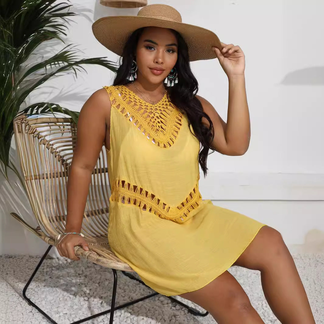 Womens Hand-Crocheted Patchwork Vest Dress Beach Bikini Cover-Up