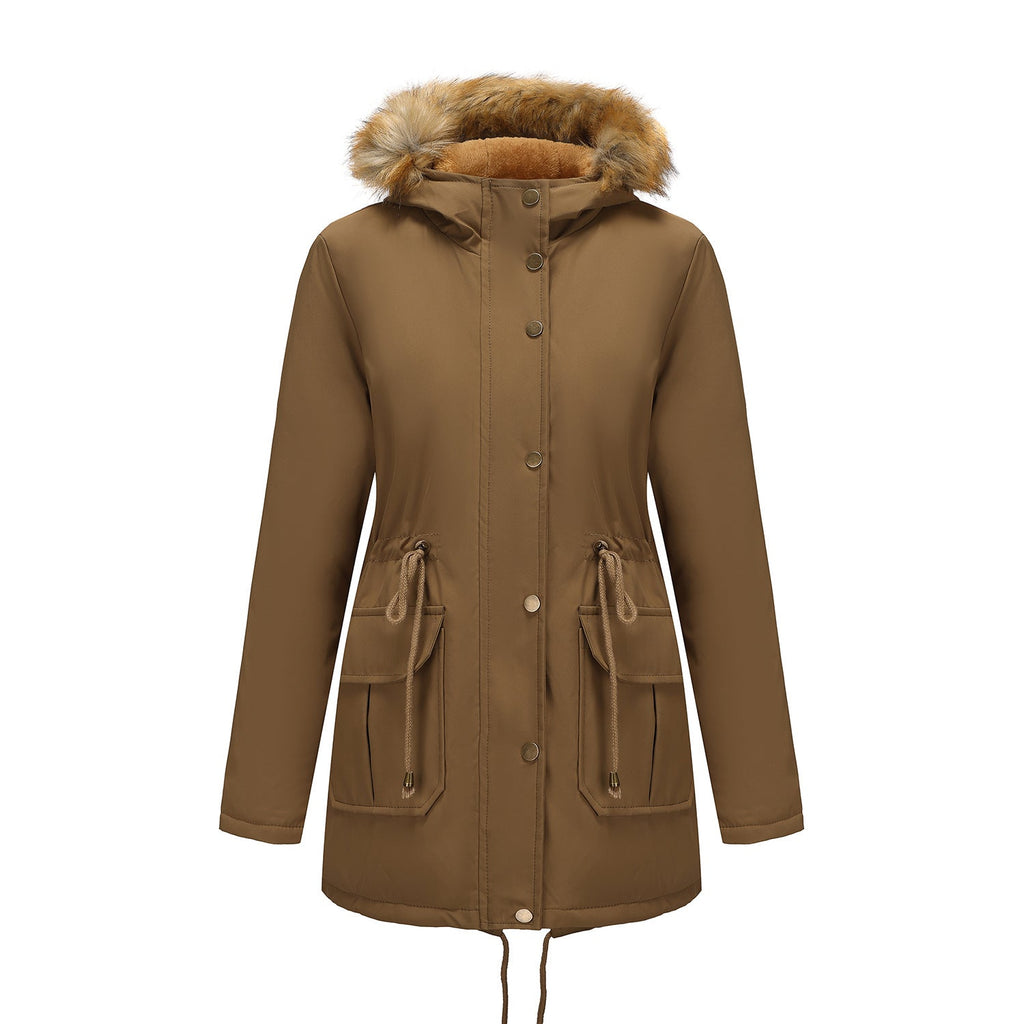 Hooded Women's Mid-length Padded Coat With Fur Collar And Defined Waist