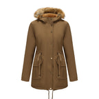Hooded Women's Mid-length Padded Coat With Fur Collar And Defined Waist
