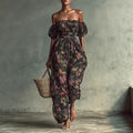 Floral Design Ruched Puff Sleeves Floral Print Jumpsuit With High Waist