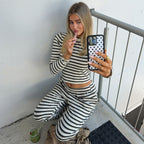 Round Neck Striped Long Sleeve Straight-leg Trousers Suit Women