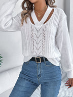Women Casual Hollow Out V-Neck Cable Knit Lantern Sleeve Pullover Sweater