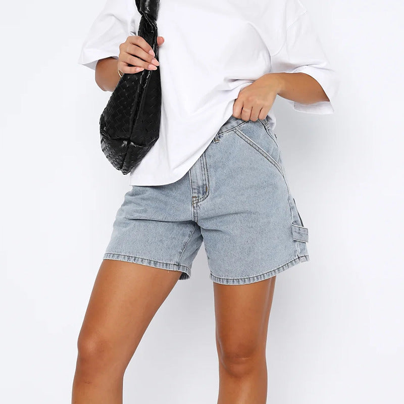 Street-style Washed Workwear Women's Denim Straight-leg Shorts