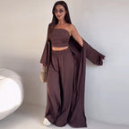 Casual Mid-calf Top Vest Long Cardigan Wide-leg Pants Three-piece Set