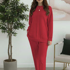 Women's Fashion Casual Solid-Color Crew-Neck Top And Pants Two-Piece Set