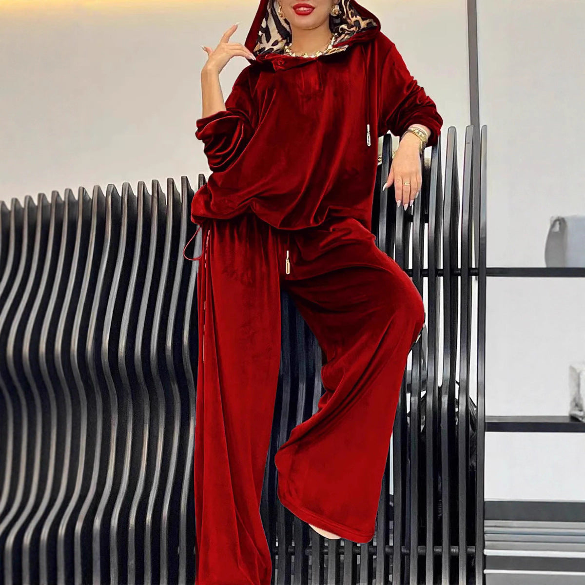 Loose Casual Two-piece Suit Leopard Print Hoodie And Pants Suit For Women