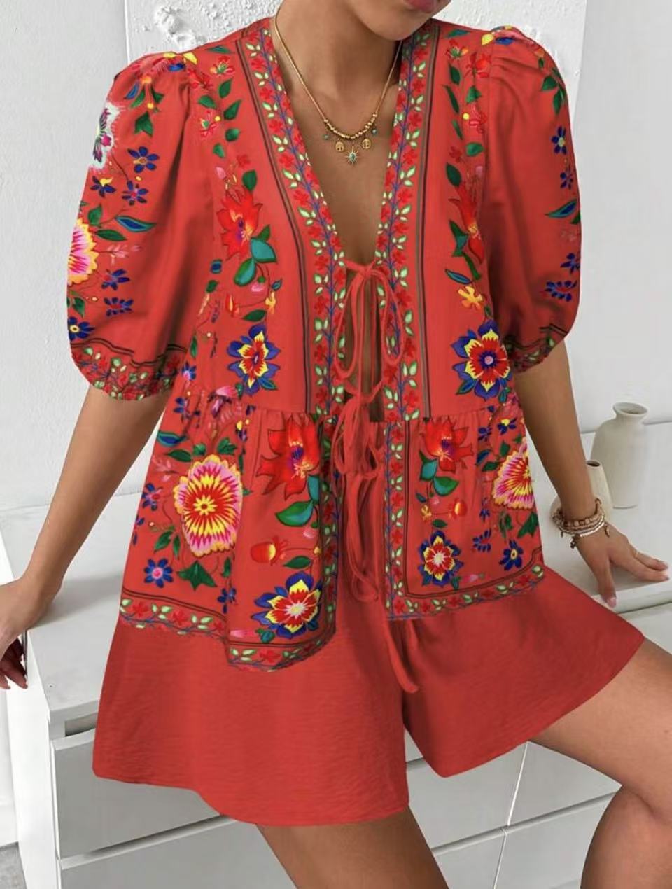 Women's Floral-print Cardigan With Tie-front Short-sleeve Top And Shorts Set