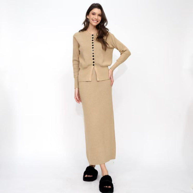Women's Solid-color Casual Cardigan And Skirt Setsoft And Gentle All-in-one Outfit
