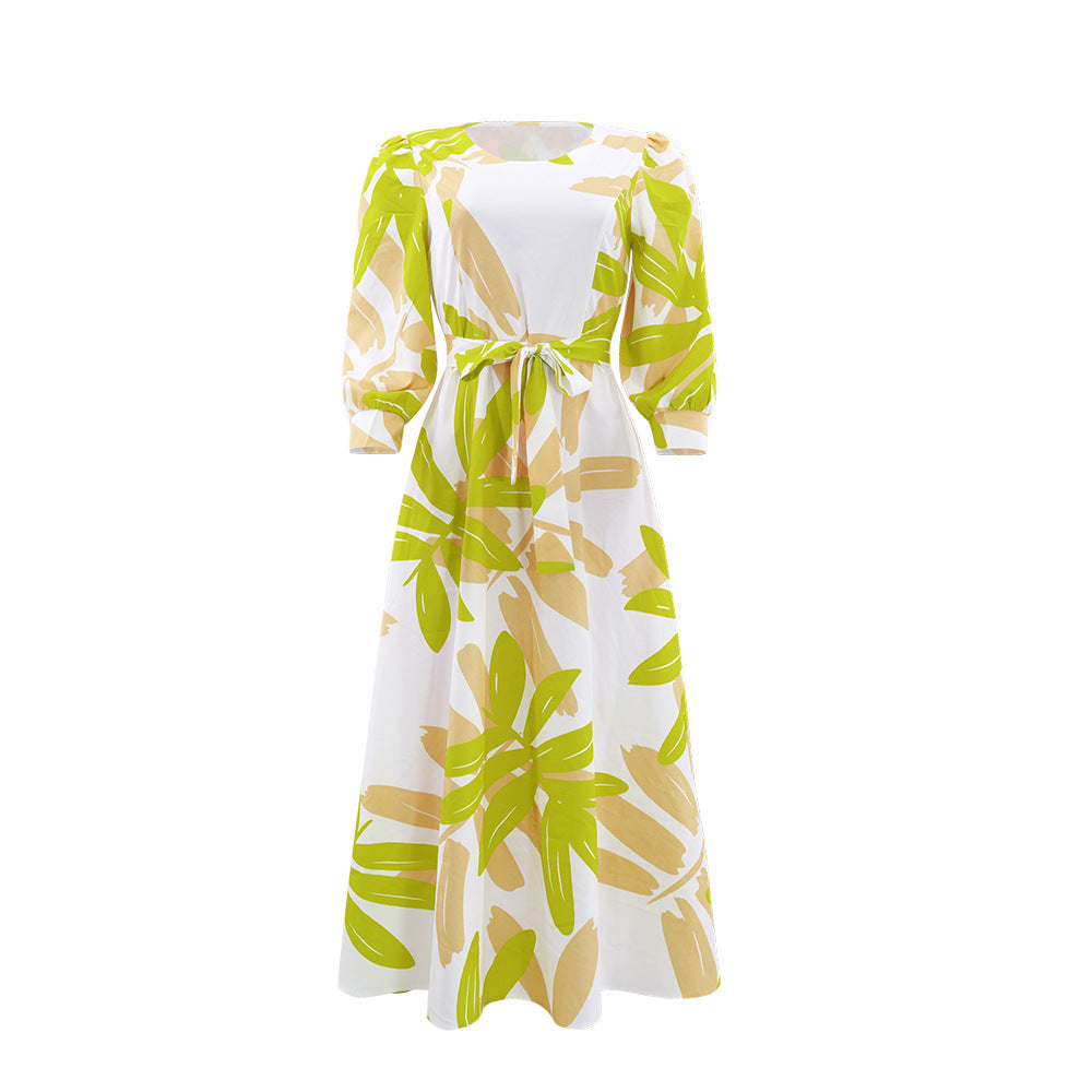 Women's Loose-Fit Casual Waist-Cinching Printed Long-Sleeve Dress With Drawstring