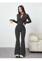Zippered Ribbed Long-sleeve Flared Pants Yoga Set