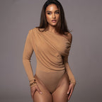 Off-the-shoulder Diagonal Neckline Fitted Long-sleeve Ruffled Bodysuit