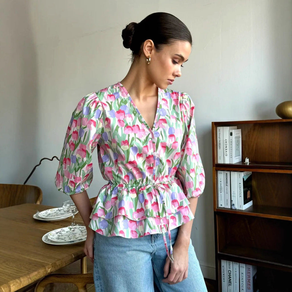 Drawstring Laced Puffed Sleeve V Neck Women's Blouse
