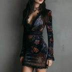 Retro-chic Velvet Cheongsam Dress With Floral Print, Fitted Waist, And Slimming Effect