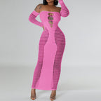 Solid Color Off-neck Sleeve Hollow Sexy Slim Fit One-piece Knitted Sheath Dress