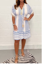 Spring And Summer New Short Sleeve V-neck Mid-length Printed Dress Women