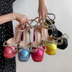 Women's Square Toe Heel Double Platform Thick High Heel Bow Large Size Hollow Sandals
