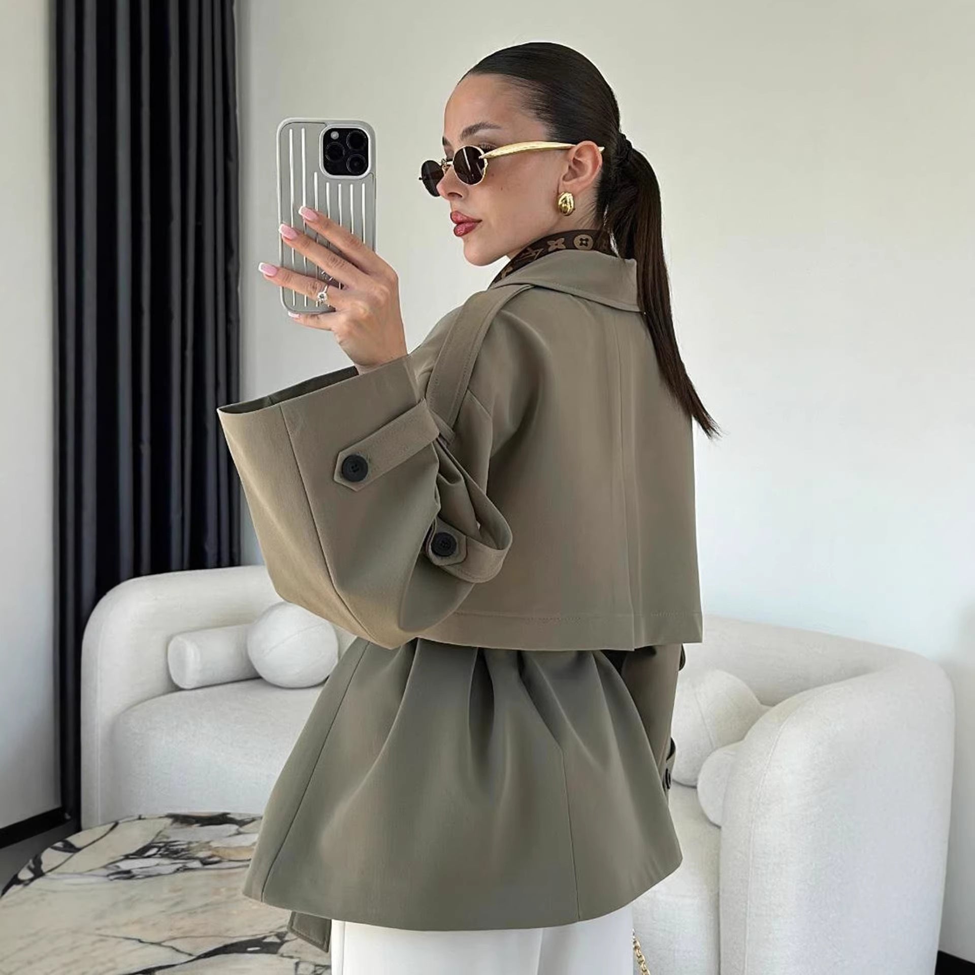 Turn-down Collar Fitted Waist Figure-flattering Elegant Single-breasted Trench Coat