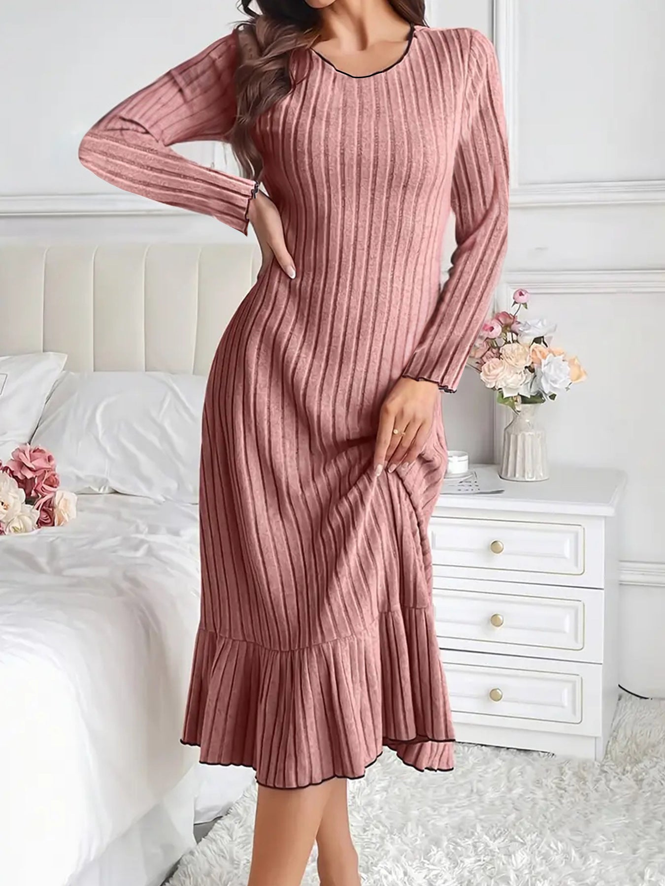 Women's Fashion Solid Color Ruffle Sleeve Long Dress