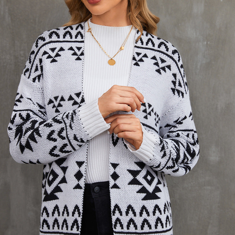 Jacquard Knit Sweater Jacket Casual Knitted Long Cardigan