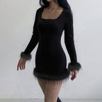 Women's Solid-color Knitted Waist-cinching Long-sleeve Dress