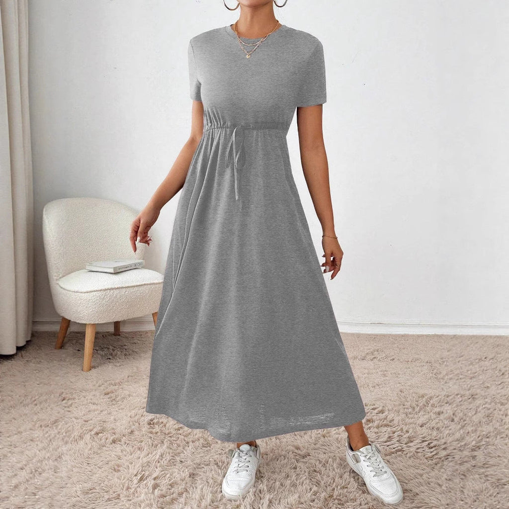 Women's Solid-Colored Short-Sleeve Drawstring Dress With Side Pockets