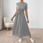 Women's Solid-Colored Short-Sleeve Drawstring Dress With Side Pockets